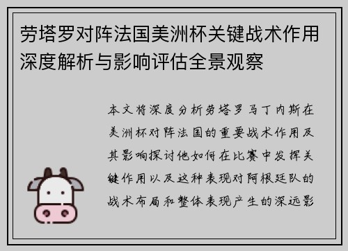 劳塔罗对阵法国美洲杯关键战术作用深度解析与影响评估全景观察