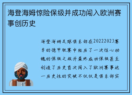 海登海姆惊险保级并成功闯入欧洲赛事创历史